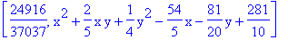 [24916/37037, x^2+2/5*x*y+1/4*y^2-54/5*x-81/20*y+281/10]